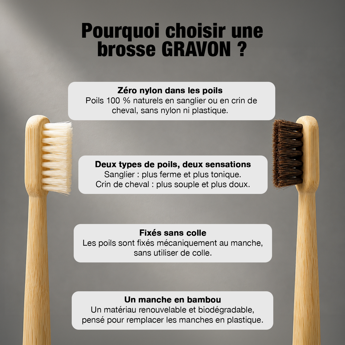 Votre brosse en bambou a encore des poils en plastique. Celle-ci non.